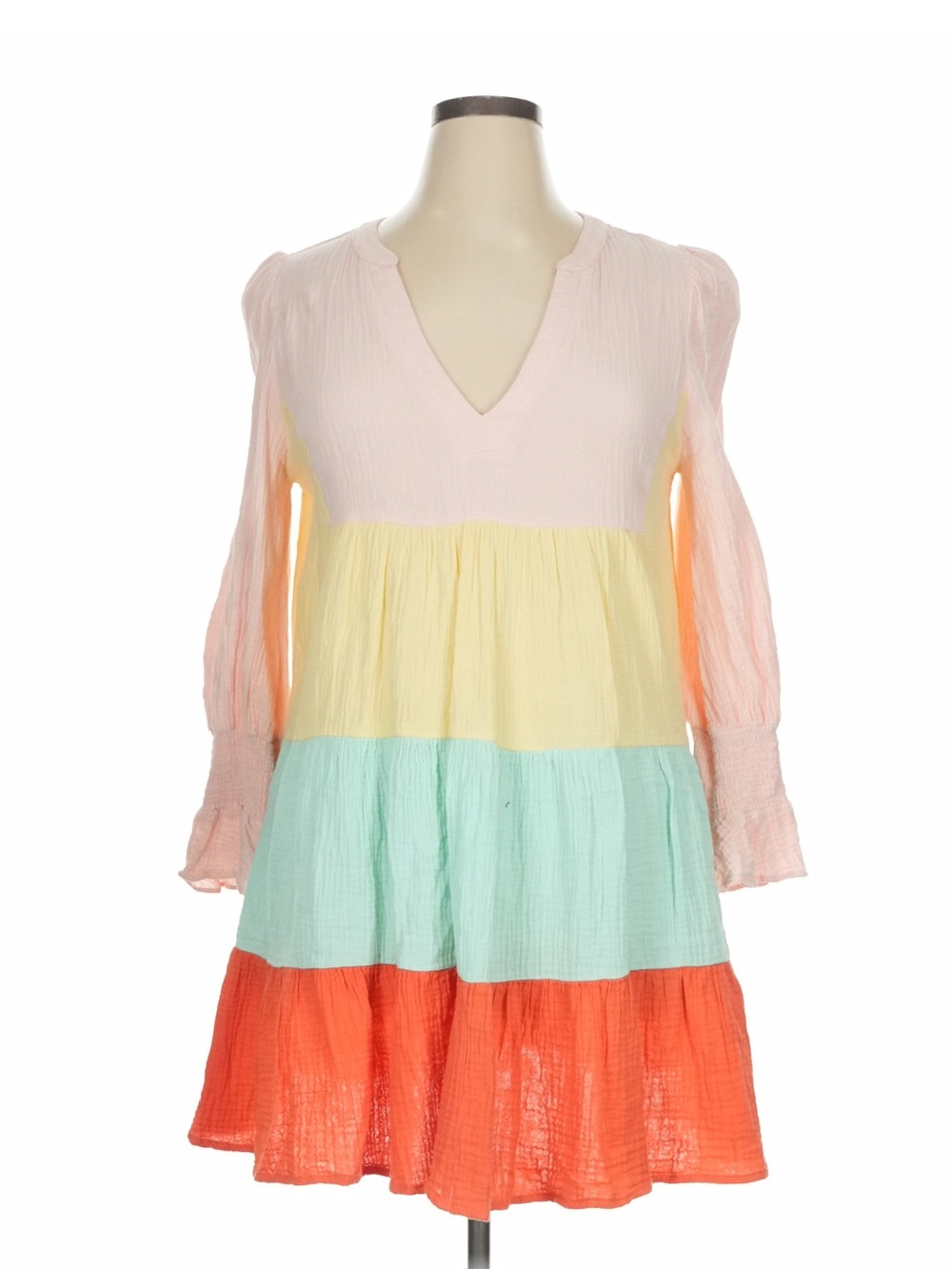Pomander Place Pastel Tiered Mini Dress in Pink, Yellow, Mint & Coral